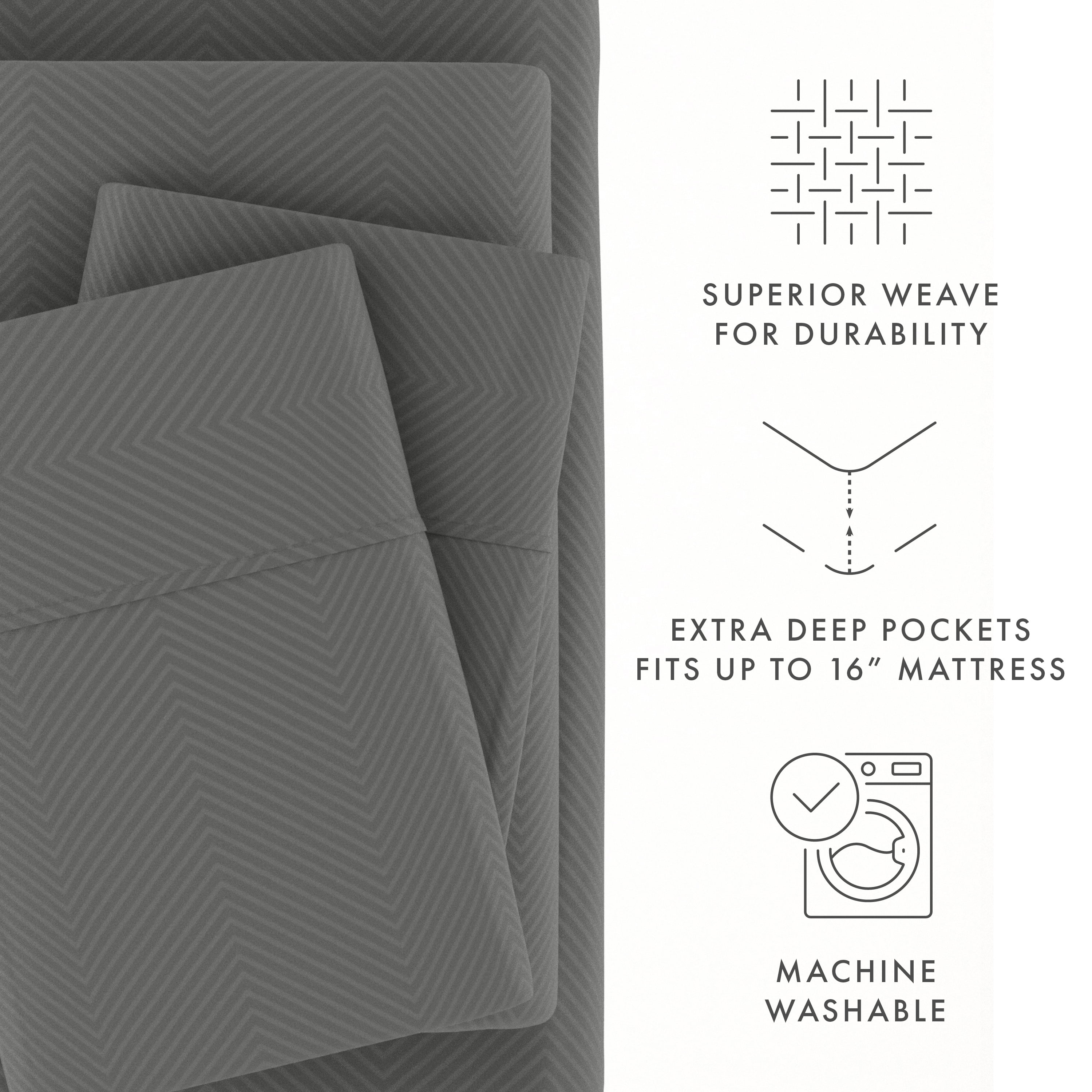 Noble Linens 4 Piece Gray Chevron Embossed Bed Sheet Set, Full