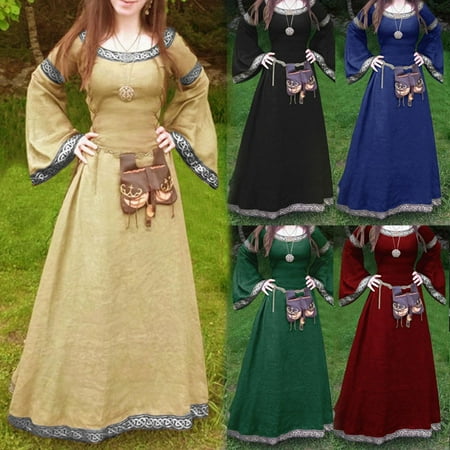 DDAPJ pyju Plus Size Medieval Dresses for Women Flared Long Sleeve Maxi Dress Renaissance Princess Dresses Ball Gown Fairy Elf Dress Black M