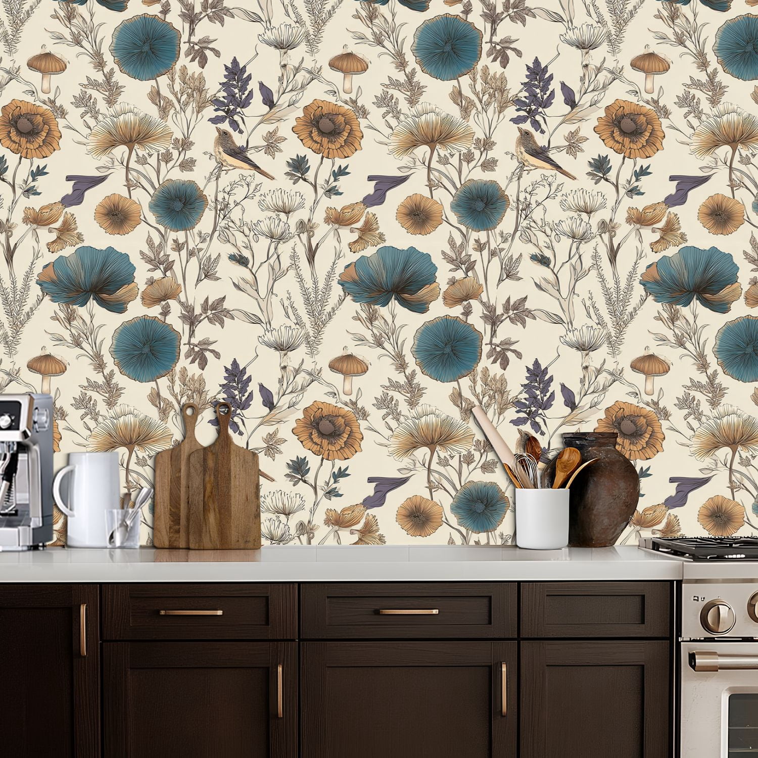 Vintage Peel and Stick Wallpaper Botanical Floral Birds Mushrooms Muted Colors Wall Mural 17.7in x 9.8ft Self Adhesive Removable Wall Paper Renter Friendly Wallpaper for Nursery Bedroom Cabinets