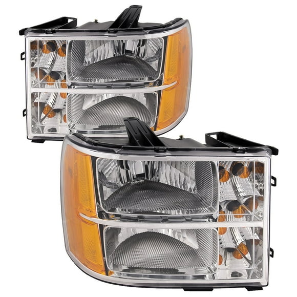 HEADLIGHTSDEPOT Chrome Housing Halogen Headlights Compatible with GMC Sierra 1500 Hybrid 2500 3500 HD Includes Left Driver and Right Passenger Side Headlamps