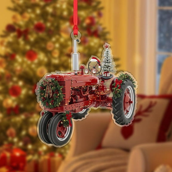 ViciArt Tractor Christmas Ornament, 3mm Acrylic or Wood, Red, Holiday Farmhouse Decor, Festive Tree Decor