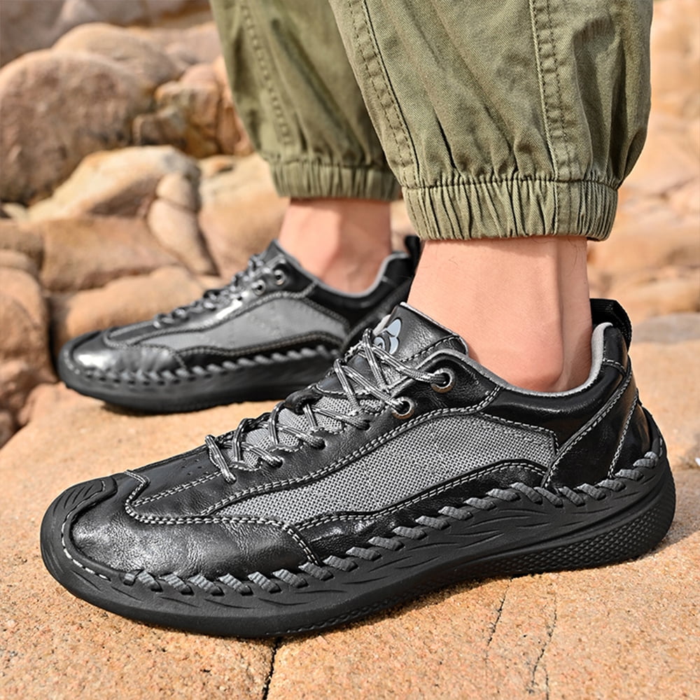 Mens Casual Leather Shoes Outdoor Hiking Work Shoes Breathable Lightweight Sneakers Comfortable Lace-up Driving Shoes Black 10 US