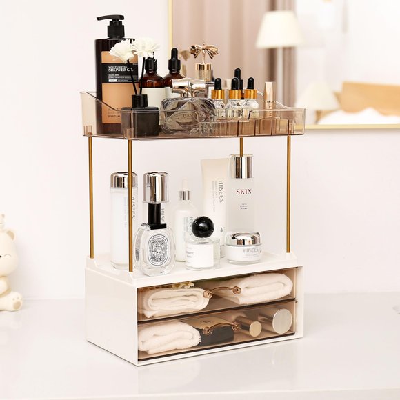 Fengligoo Elegante organizador de encimera de baño de 2 niveles y 2 cajones, organizador multiusos para maquillaje y cuidado de la piel, color dorado champán