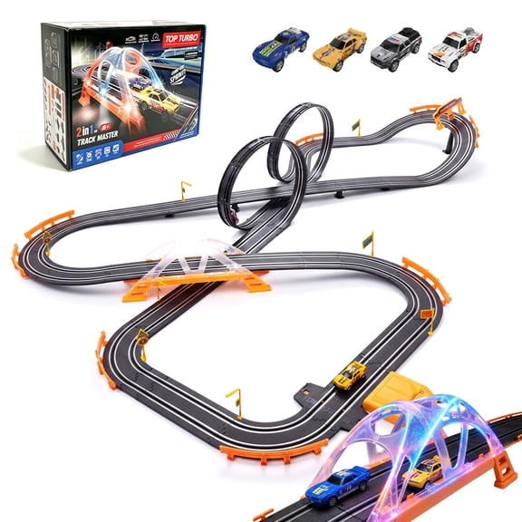 Hoarosall Slot Car Race Track Set for Kids, 28ft Electric Race Car Track with 4 Slot Cars, Dual Racing Tracks, Lap Counter & LED Overpass, Car Track Toy Gift for Boys Ages 6-12