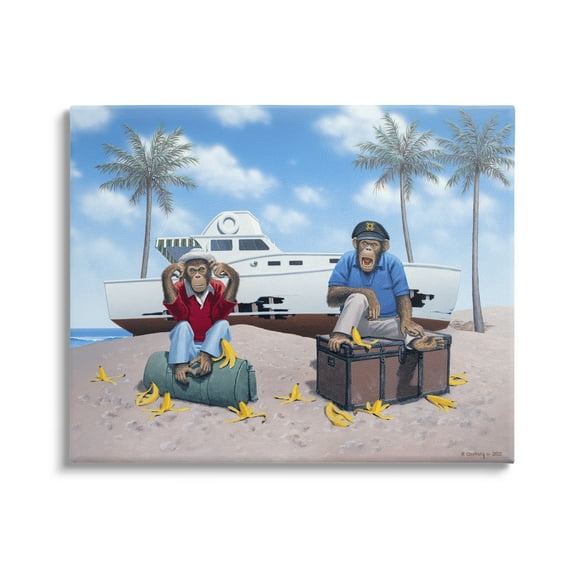 Stupell Industries Chimps & Yacht on Beach Animals & Insects Painting Gallery Wrapped Canvas Print Wall Art, 20 x 16