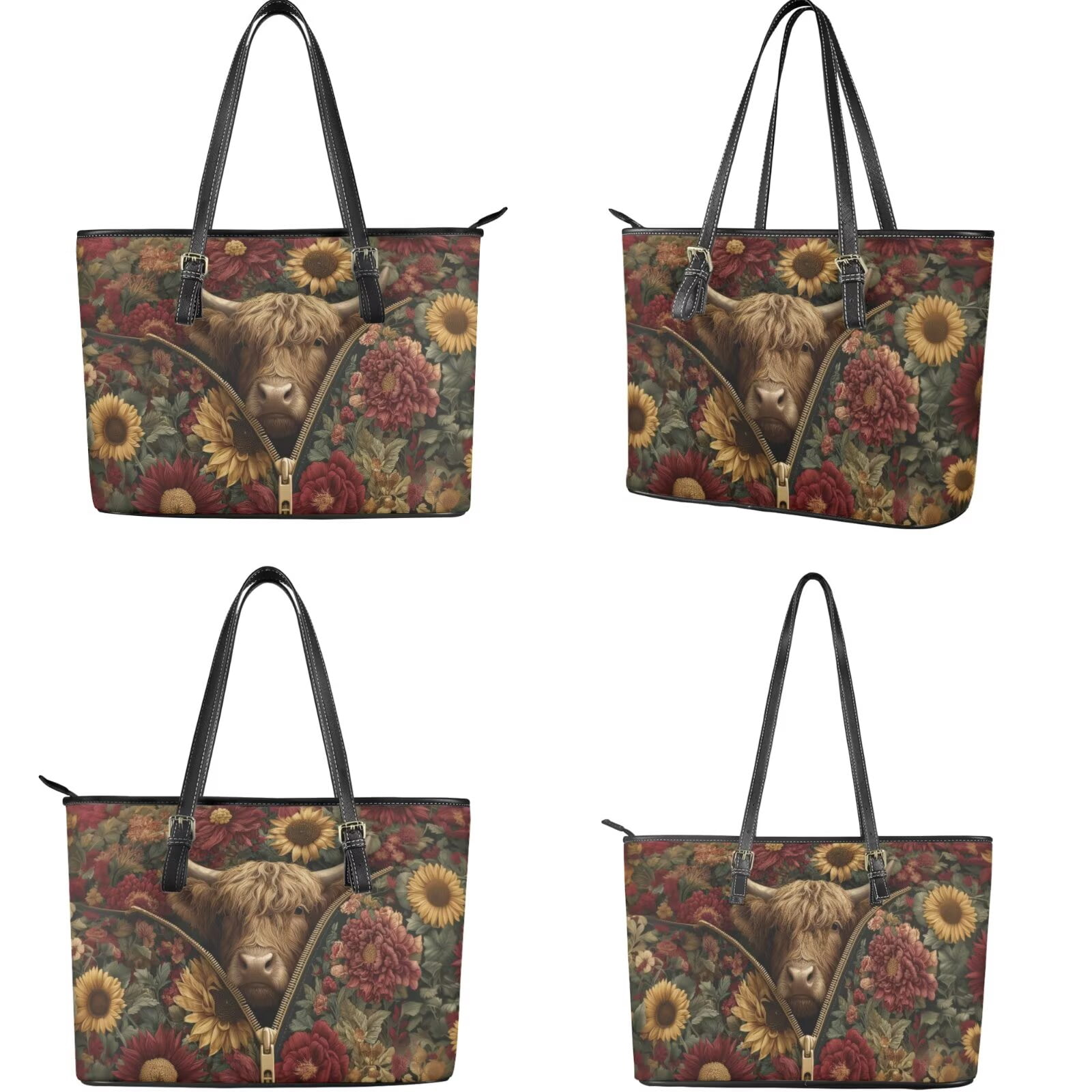 TSOVTHRID Highland Cattle Sunflower Print Purses for Women Waterproof Handbag with Matching Wallet Set Leather Shoulder Bag Tote Satchel with Purse for Ladies Shopping