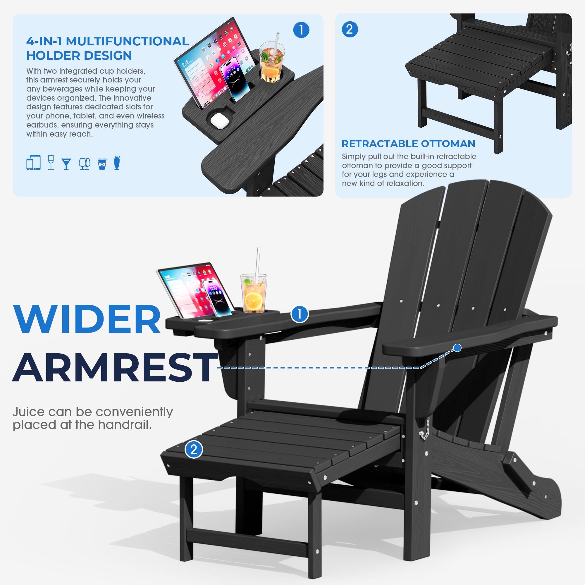 KINGYES Folding Adirondack Chair set of 2, Adjustable Backrest with Pull-Out Footrest & 4-in-1 Mobile Phone, Tablet, Cup Holder Tray, HDPE Plastic Adirondack Chair for Patio Garden Outdoors Fire Pit
