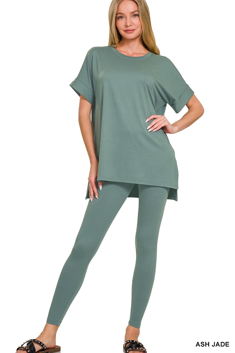 Zenana Plus Size Round Neck Brushed DTY Microfier Short Sleeve Hi-Low Hem & Full Length Leggings Loungewear Set