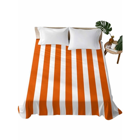California King Size Flat Sheet Only, Burnt Orange Striped Soft Brushed Microfiber Bed Sheets, Thanksgiving Orange White Stripes Hotel Quality Breathable Bedding Top Sheet, Easy Care, 108"x98"