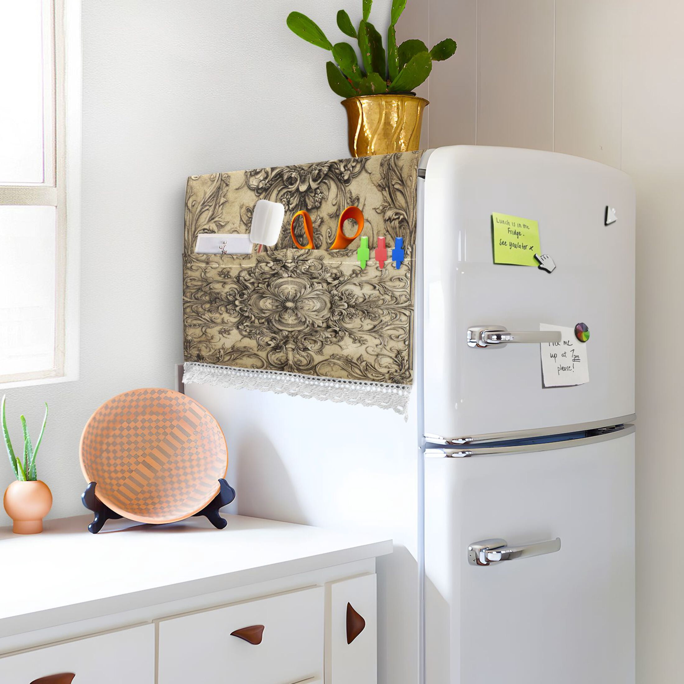 Ntricate Details PatternWasher and Dryer Covers Dust-Proof and Oil Resistant Fridge Cover with 4 Storage Pockets Washing Machine Top Cover for Laundry Kitchen Home 51.2 x 22 In