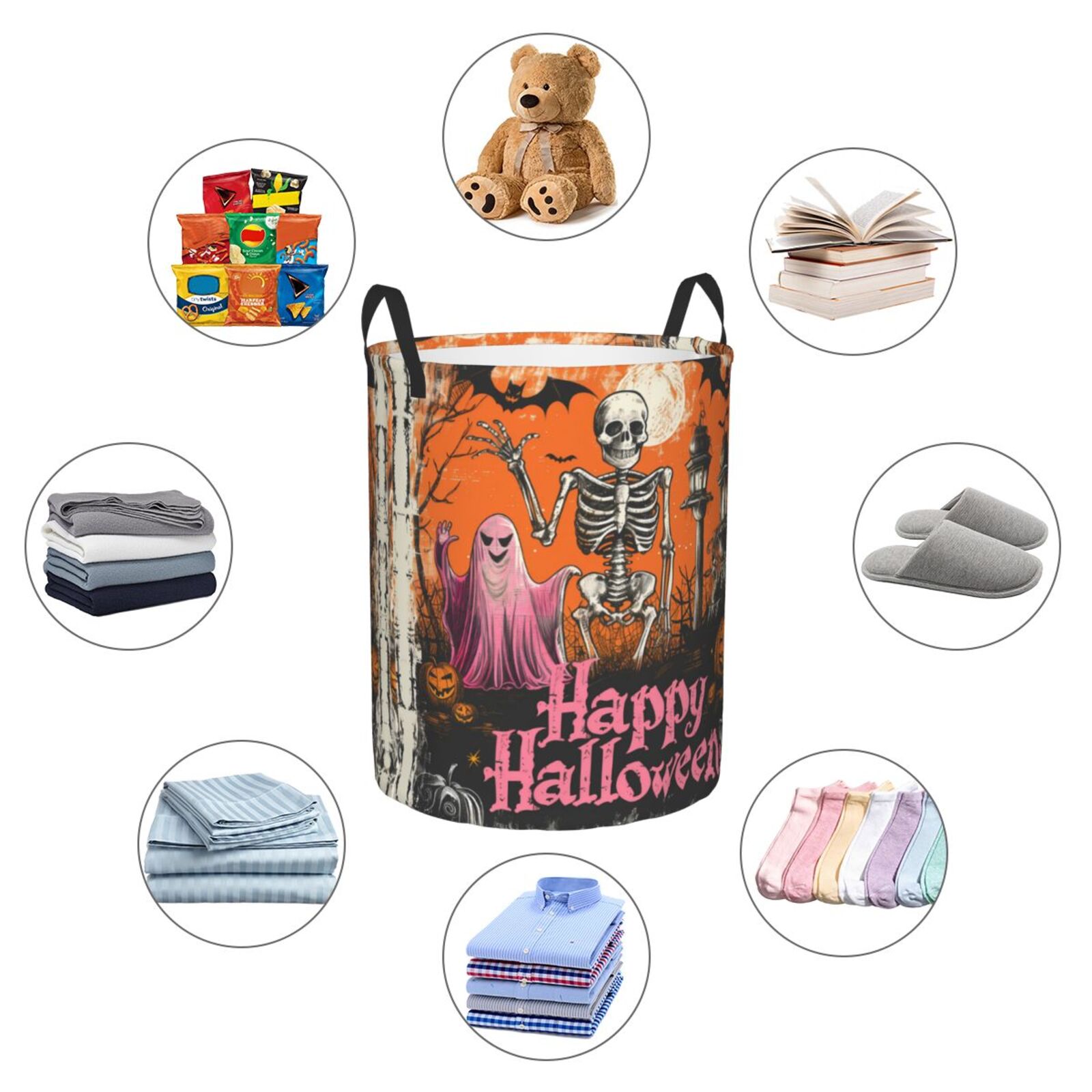 Large Laundry Basket with Handles - Halloween Happy Skull Pink Ghost Kids Baby Dirty Clothes Laundry Hamper for Bedroom Aesthetic