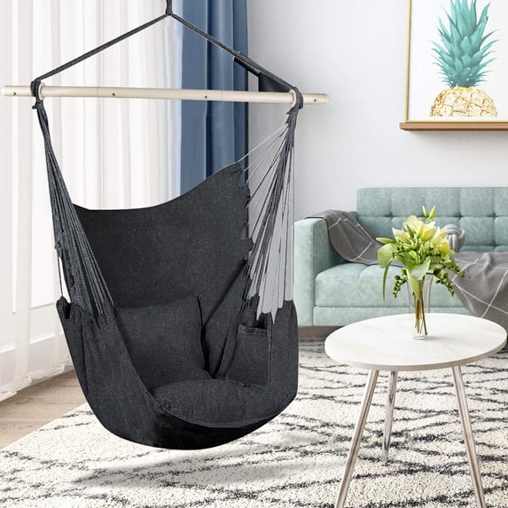 Hammock Chair Hanging Rope Swing, Hammock Chair Swing with Detachable Support Bar, 2 Seat Cushions & Carry Bag, Hanging Swing Chair for Home Bedroom Patio Deck Yard Garden, Support up 330 lbs, B012