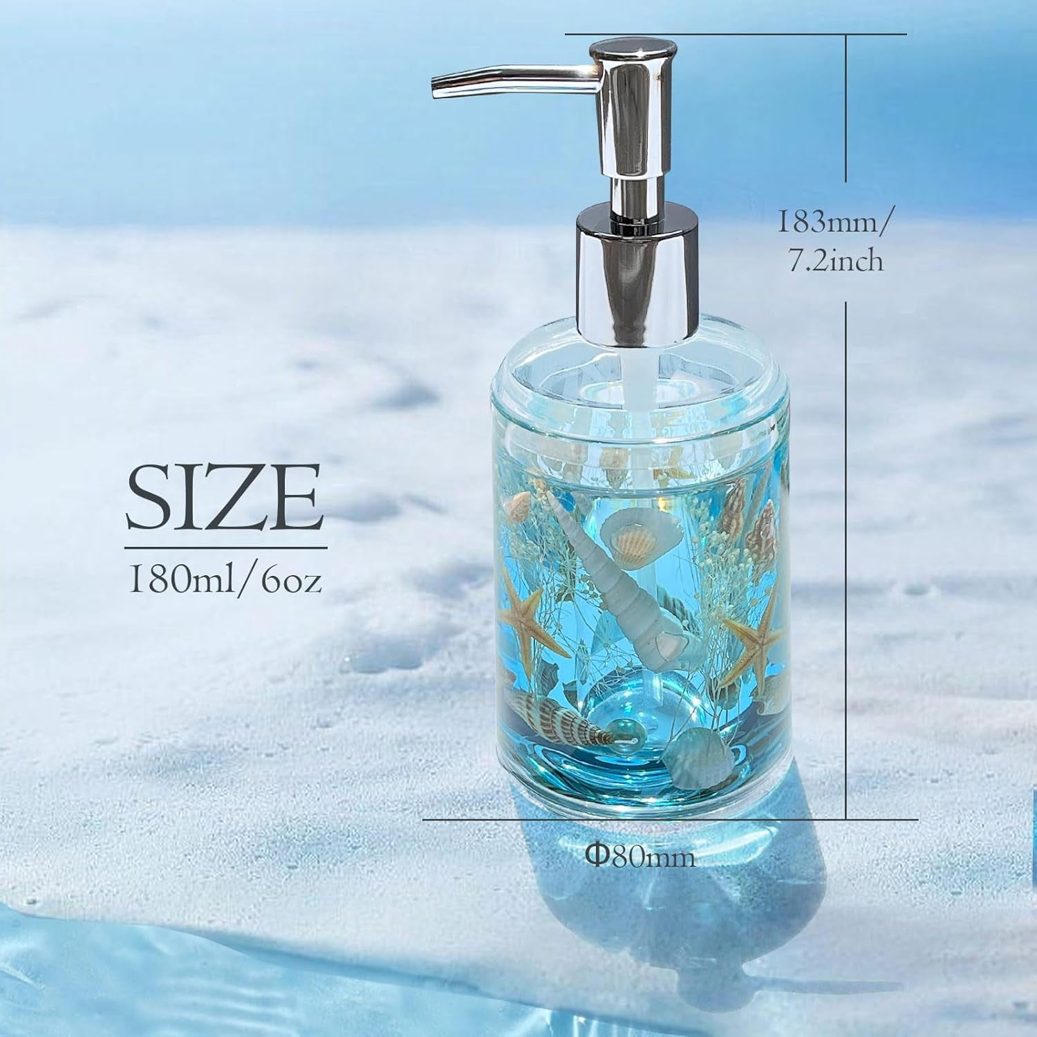 FONMY Refillable Countertop 18oz Soap Dispenser with Pump Acrylic w/ Seashell for Bathroom/Kitchen (Ocean Blue)