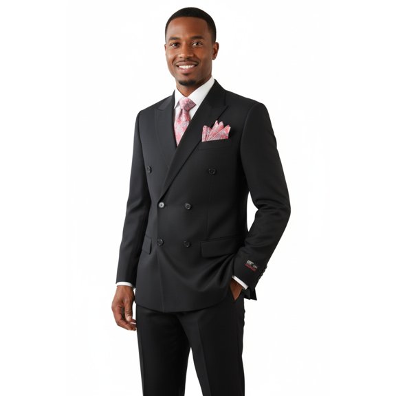 Men Pacelli Double Breasted Suit Classic Peak Lapel Pleated pants GILBERT Black