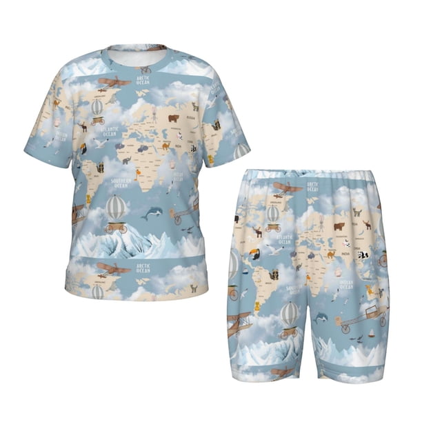 Fotbe Animals Travel World Map Pijama Estampada de 2 Piezas para Niños – Ropa de Dormir de Manga Corta Cómoda para Niños y Niñas, Camiseta y Shorts de Algodón-Large