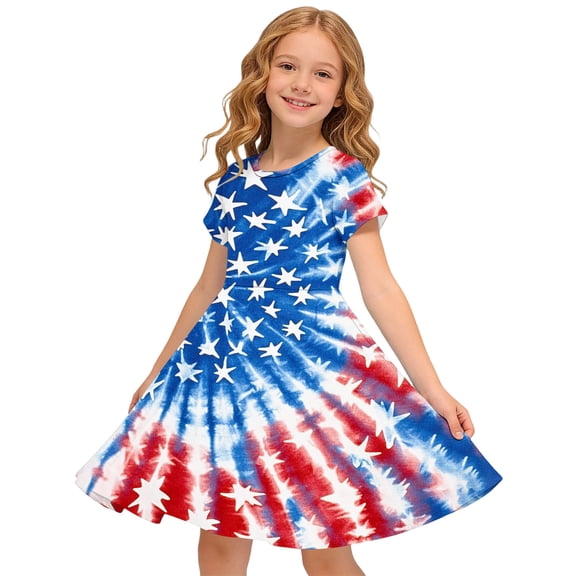 Amidoa Girl Dresses Short Sleeve Swing A-Line 4th of July Dress Casual Summer Sundress for Kids Multicolor Size 7