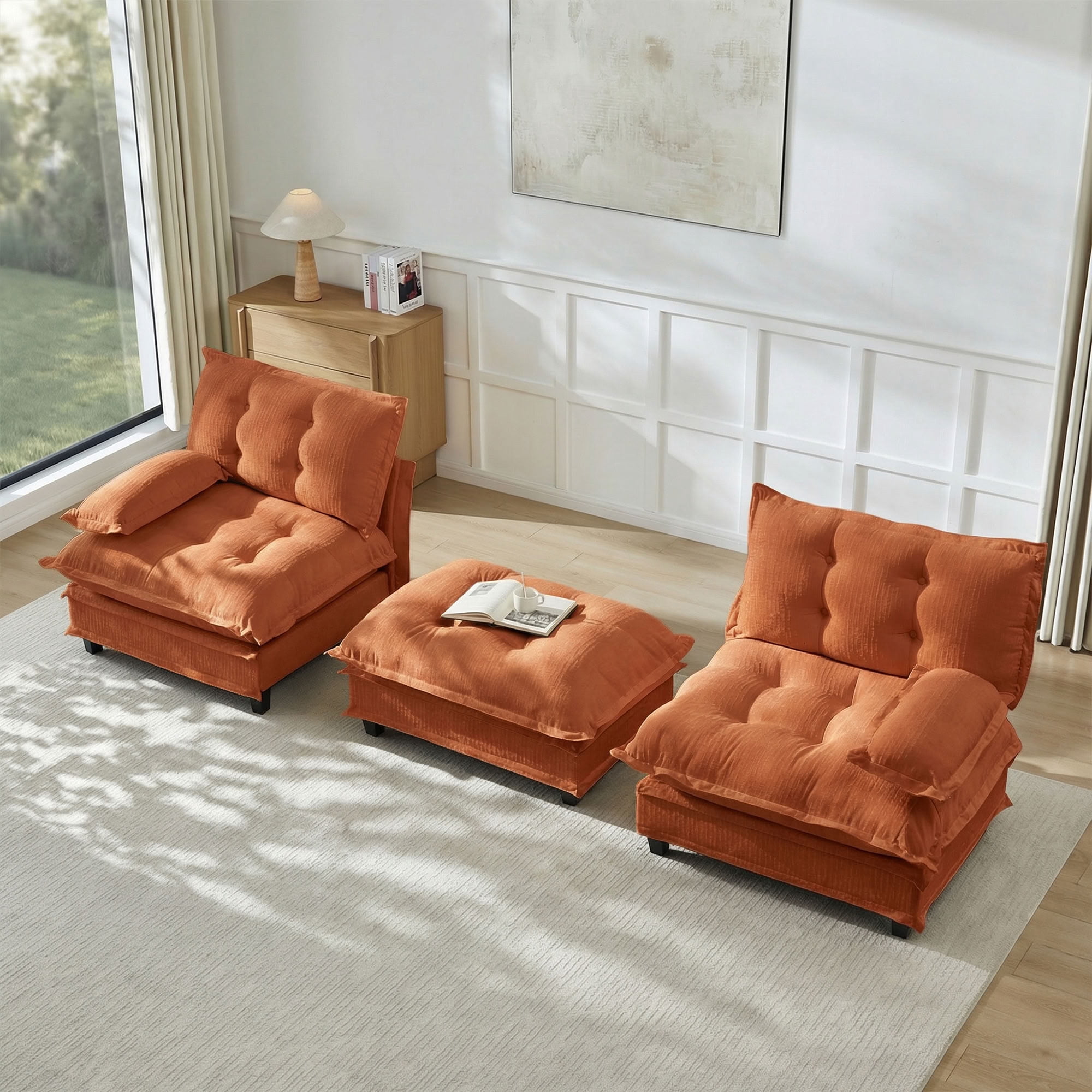 MAYEERTY 77 Inch L-Shaped Sectional Sofa with Ottoman, Chenille 2-Seat Modular Couch, Solid Wood & Metal Frame for Living Room Bedroom Apartment