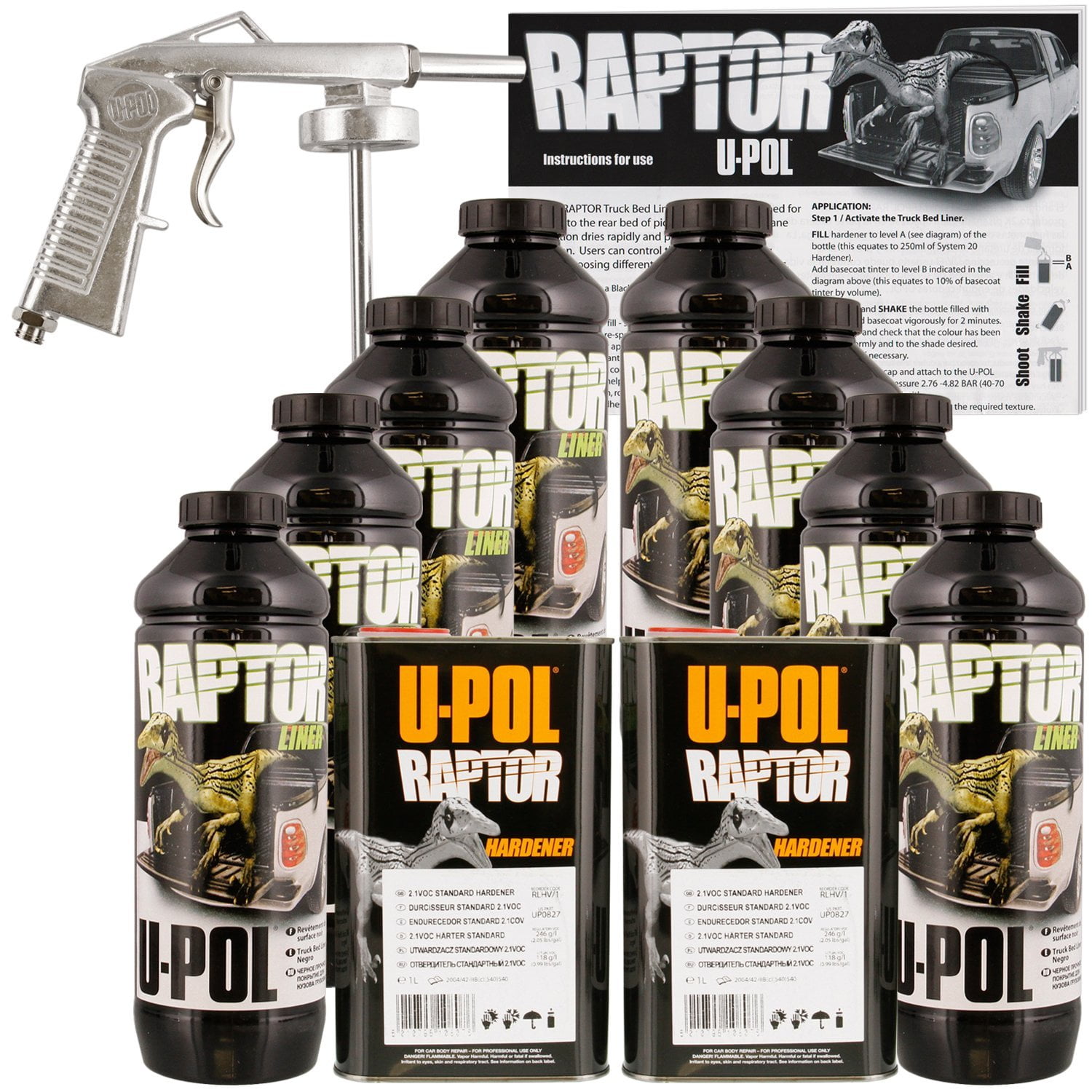 U-POL Raptor Black Truck Bed Liner Kit w/ Spray Gun, 8L, 2 Box