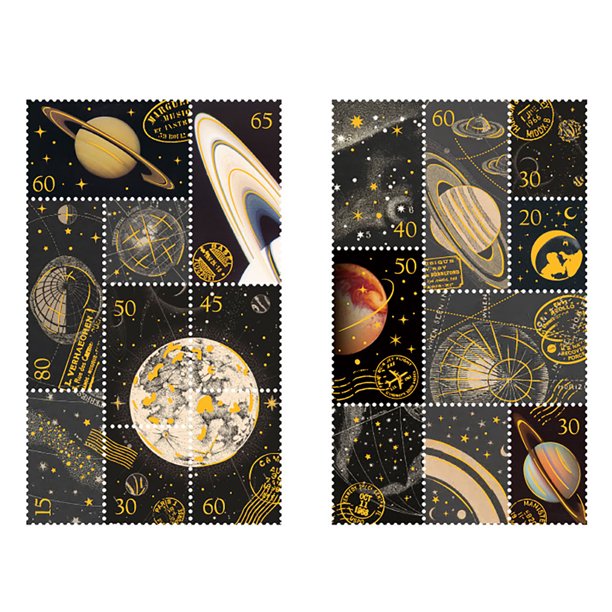 2PCS Pegatinas de sellos postales Pegatinas de papel adhesivo dorado Suministros decorativos para álbumes de recortes para bricolaje Planificador Diario Cuaderno Arte Manualidades Fantasía cósmic