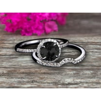 Round Cut 2.25 Carat Black Diamond Moissanite Engagement Ring Set With Curved Diamond Matching Band 10k White Gold Bridal Ring Set