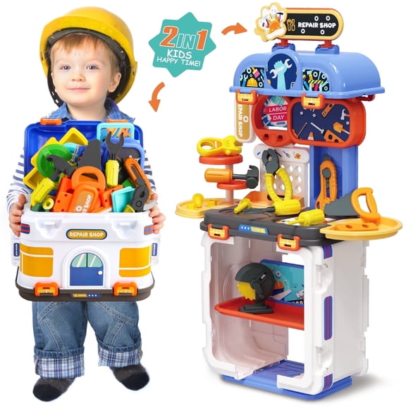 Freecat 2-in-1 Kids Tool Set, Toddler Workbench Toys for Boys 2 3 4 5 Years, Toddler Tool Bench Birthday Christmas Boy Gift for Toddlers Ages 2-4 3-5.