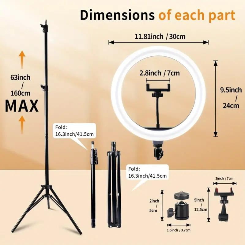 12'' Video Light with 63'' Extendable Tripod Stand - Ring Light with Phone Holder for Live Stream/Makeup/YouTube/TikTok - Compatible with All Phones - New Year's & Valentine's Day Party Lights