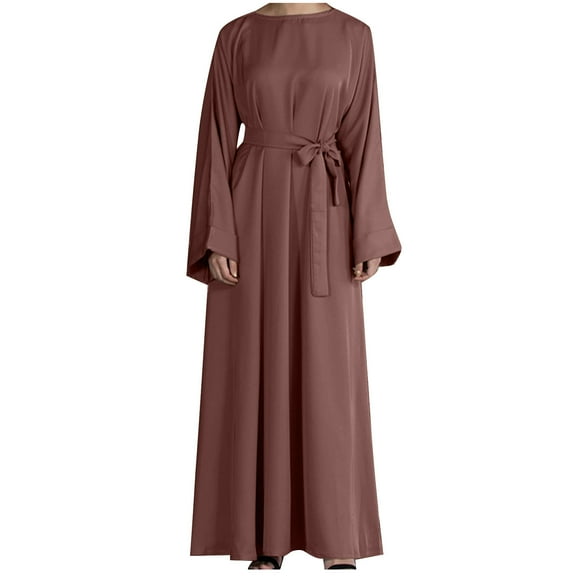 Islamic Dubai Prayer Dresses for Women Solid Long Sleeve Dress with Belt Casual Fashion Loose Fit Muslim Abaya Dress
