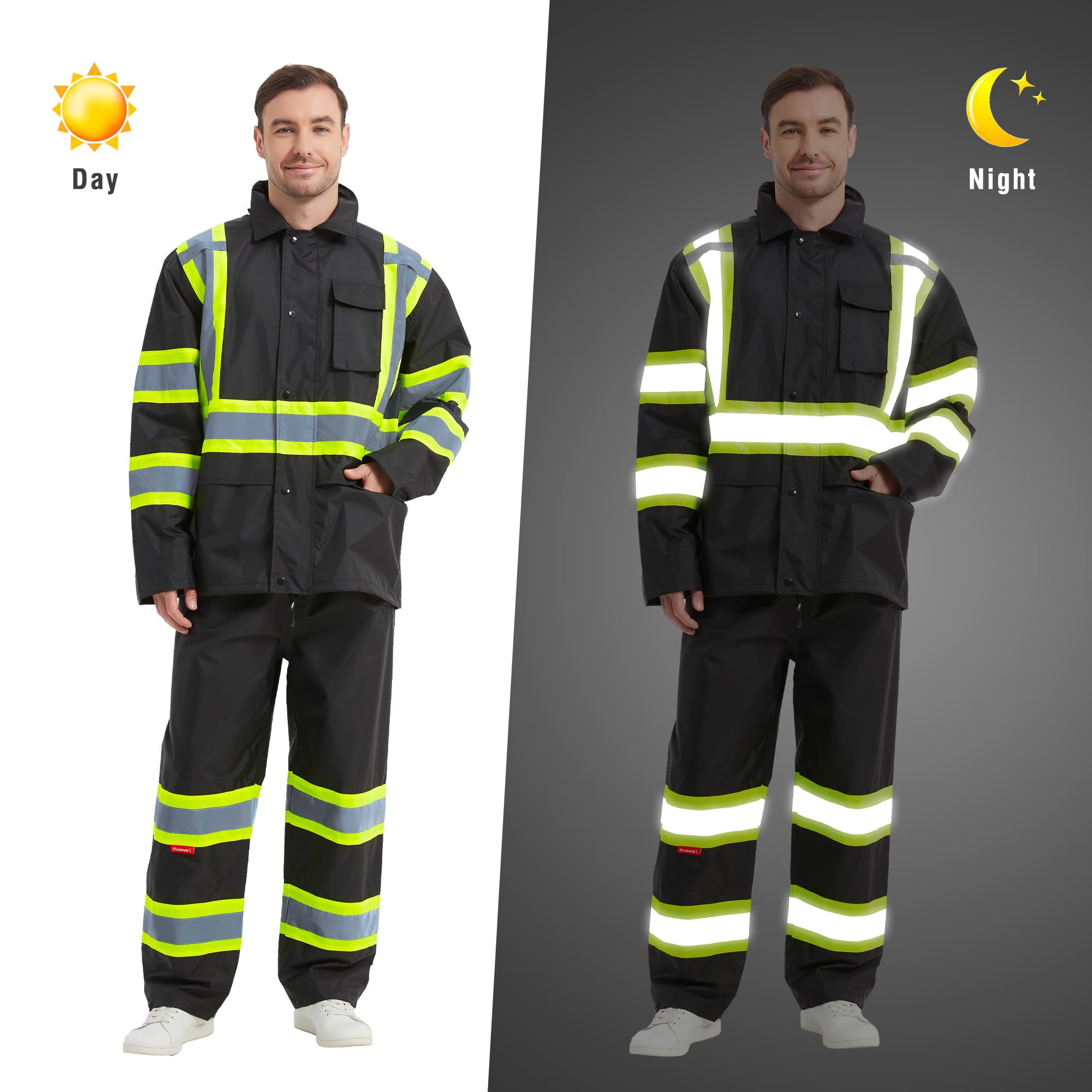 ProtectX Hi Vis Safety Rain Jacket and Pants, Waterproof Reflective Rain Gear for Farming Fishing Work, Men Women Rain Suit with Inner Mesh Lining and Pockets, Black