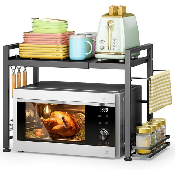 DOLALIKE Microwave Oven Rack, Expandable Microwave Stand Countertop Kitchen Utensils Tableware Storage, Carbon Steel Over Microwave Shelf Countertop with 6 Hooks