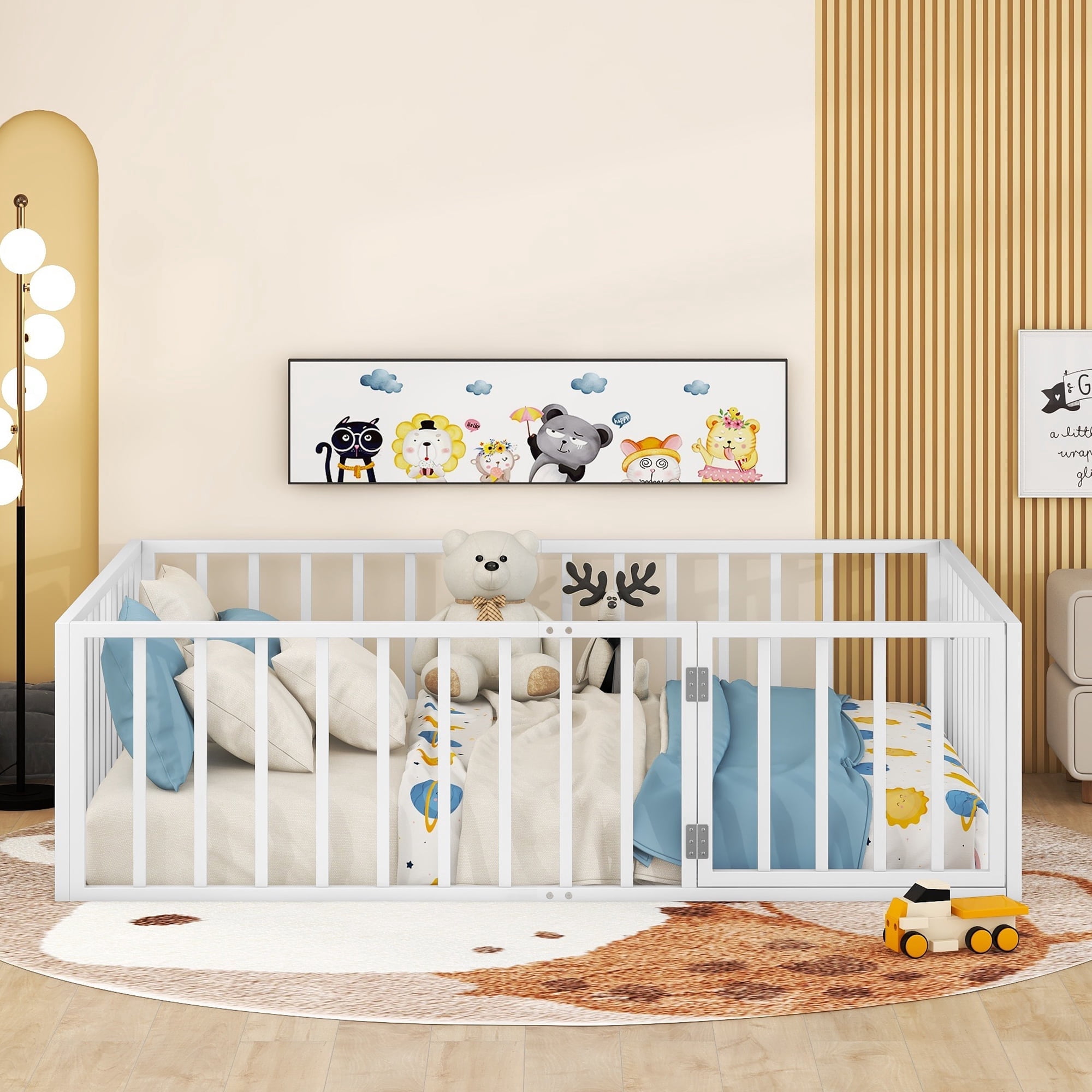 Harper & Bright Designs Full Floor Bed Frame for Kids, Metal Montessori Floor Bed with Rails and Door, Floor Full Size Bed Frame with Fence-Shaped Guardrails, White