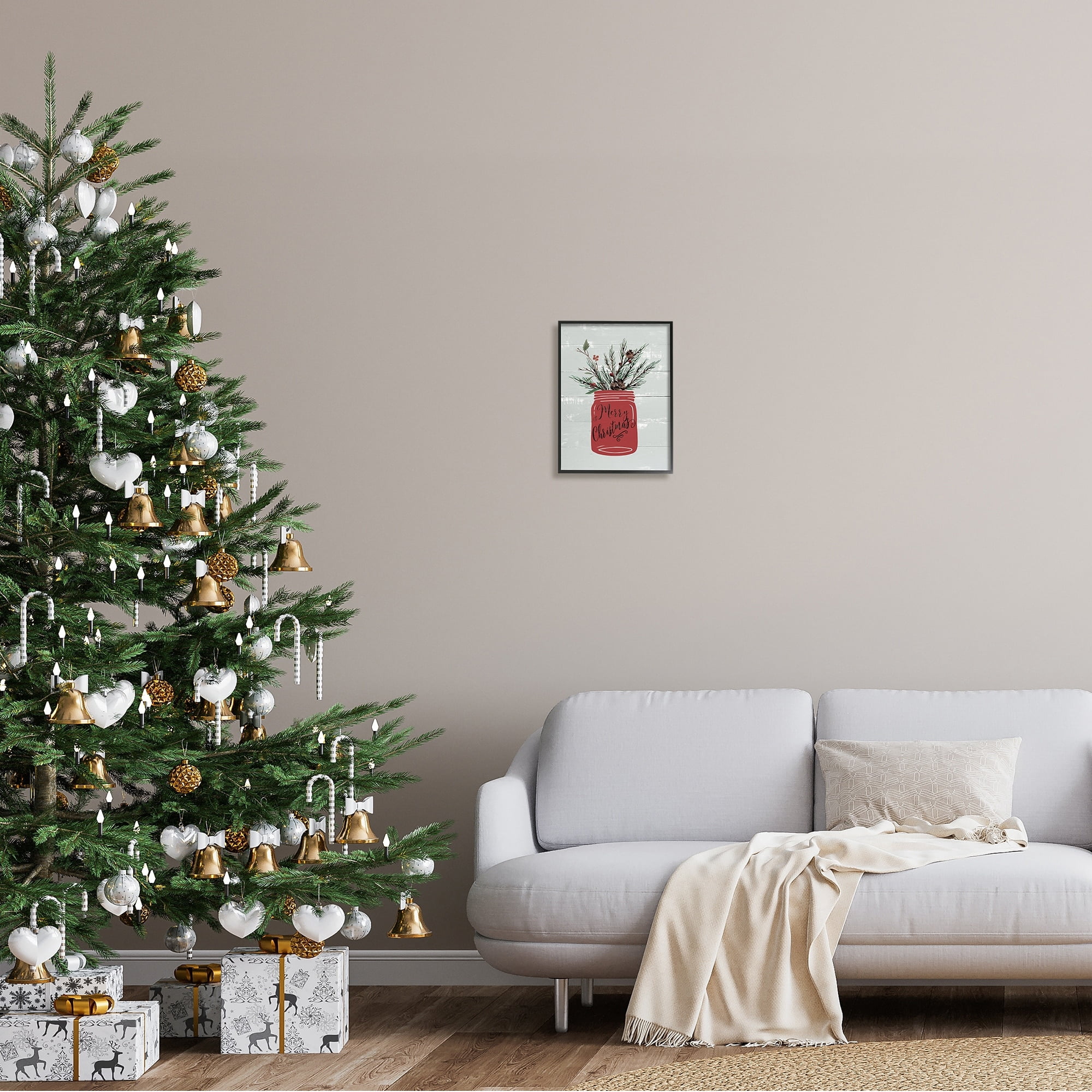 Red Merry Christmas Country Jar Winter Holly Pine Botanical & Floral Graphic Art Framed Art Print Wall Art