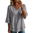 thumbnail image 4 of Linen Shirts for Women 3/4 Length Sleeve V Neck Tunic Tops for Women Flowy Tops for Women Summer Linen Tops Shirts Beach Vacation Tshirts Summer Blouses for Women,Gray,2XL, 4 of 6