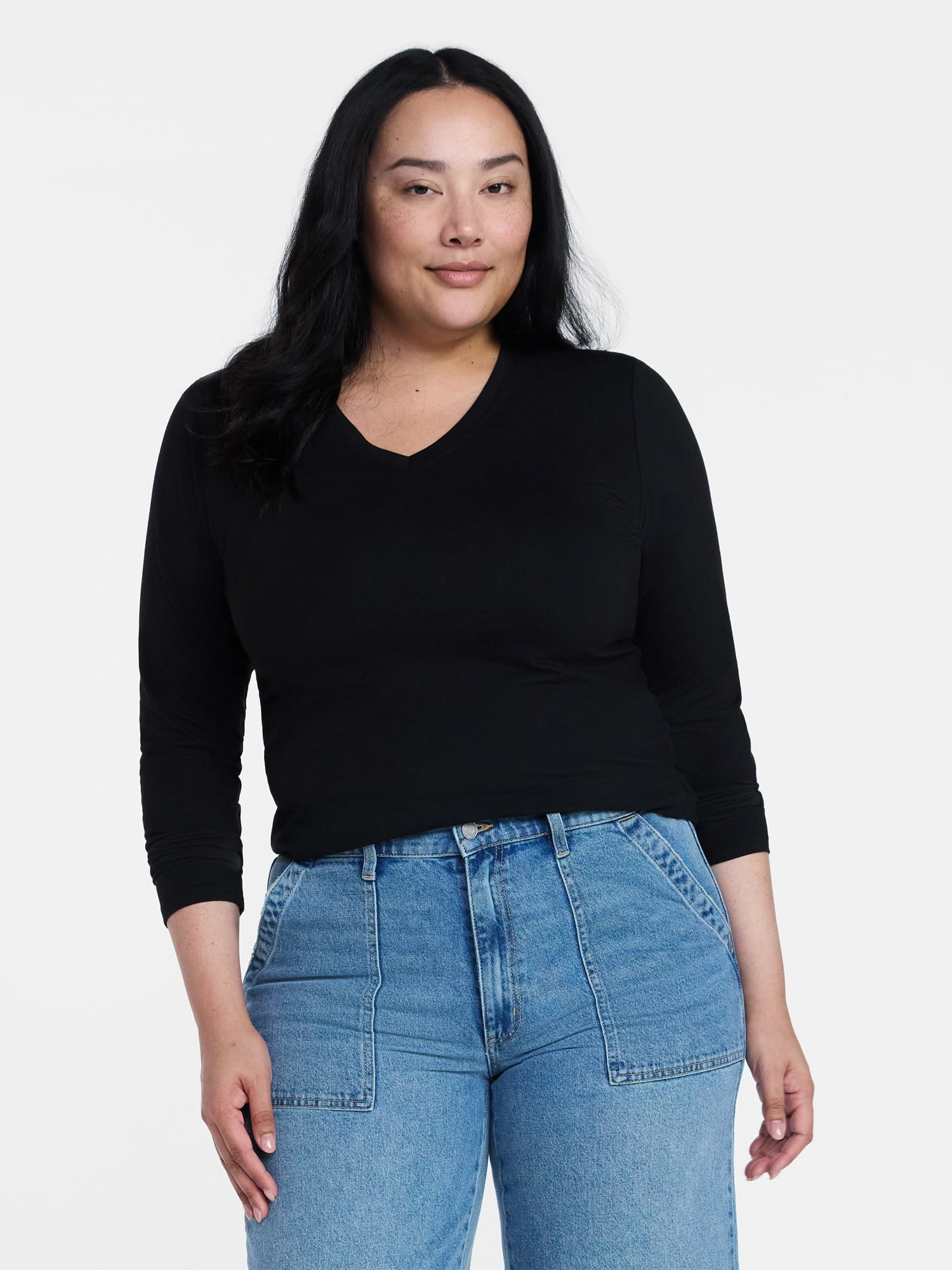 Time and Tru Women's Slim V-Neck Tee with Long Sleeves, Sizes XS-XXXL