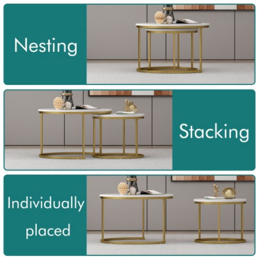 27.6" Nesting Coffee Table Set of 2, Round Wood Marble Pattern Top with Sturdy Metal Frame, Stackable End Tables for Living Room, Bedroom, Office, White & Gold