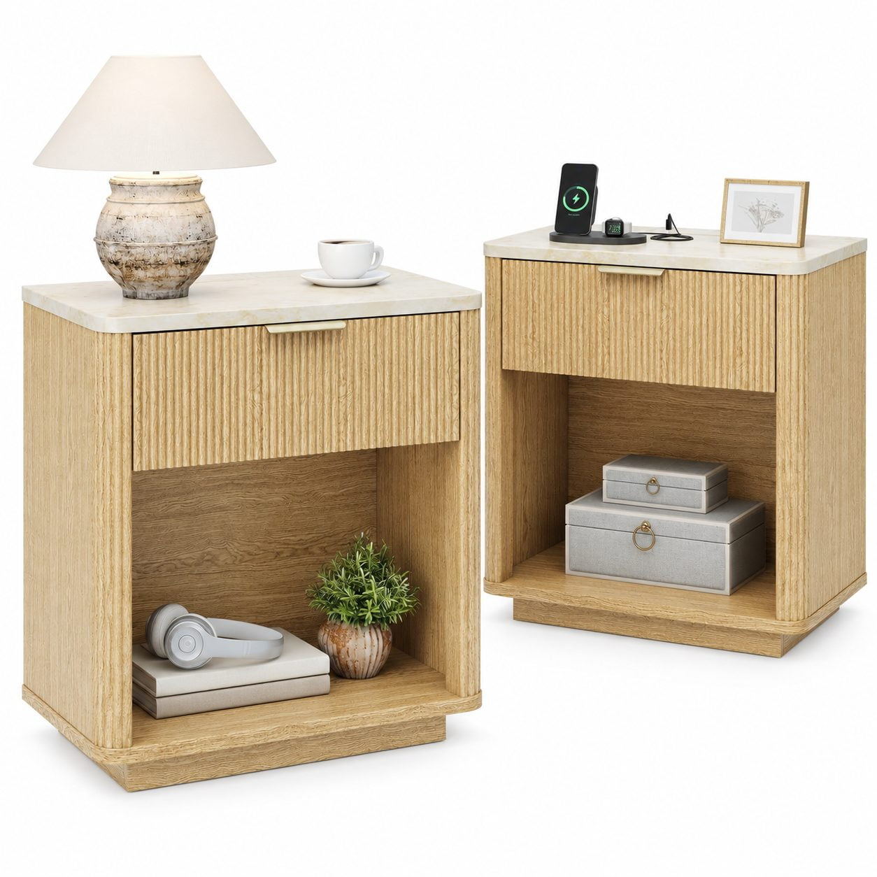 2-Piece Ribbed Nightstand Set Bedside Table with Faux Marble Top & Charging Station Drawer & Open Shelf Curved Corners Natural Oak Modern Nightstand for Bedroom