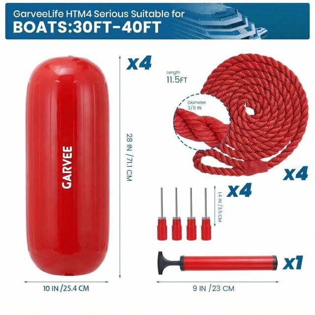 Kojooin Inflatable Boat Fenders 4-Pack, Ribbed Centre Design Boat Bumpers with Ropes and Pump for Pontoon or Sailboat