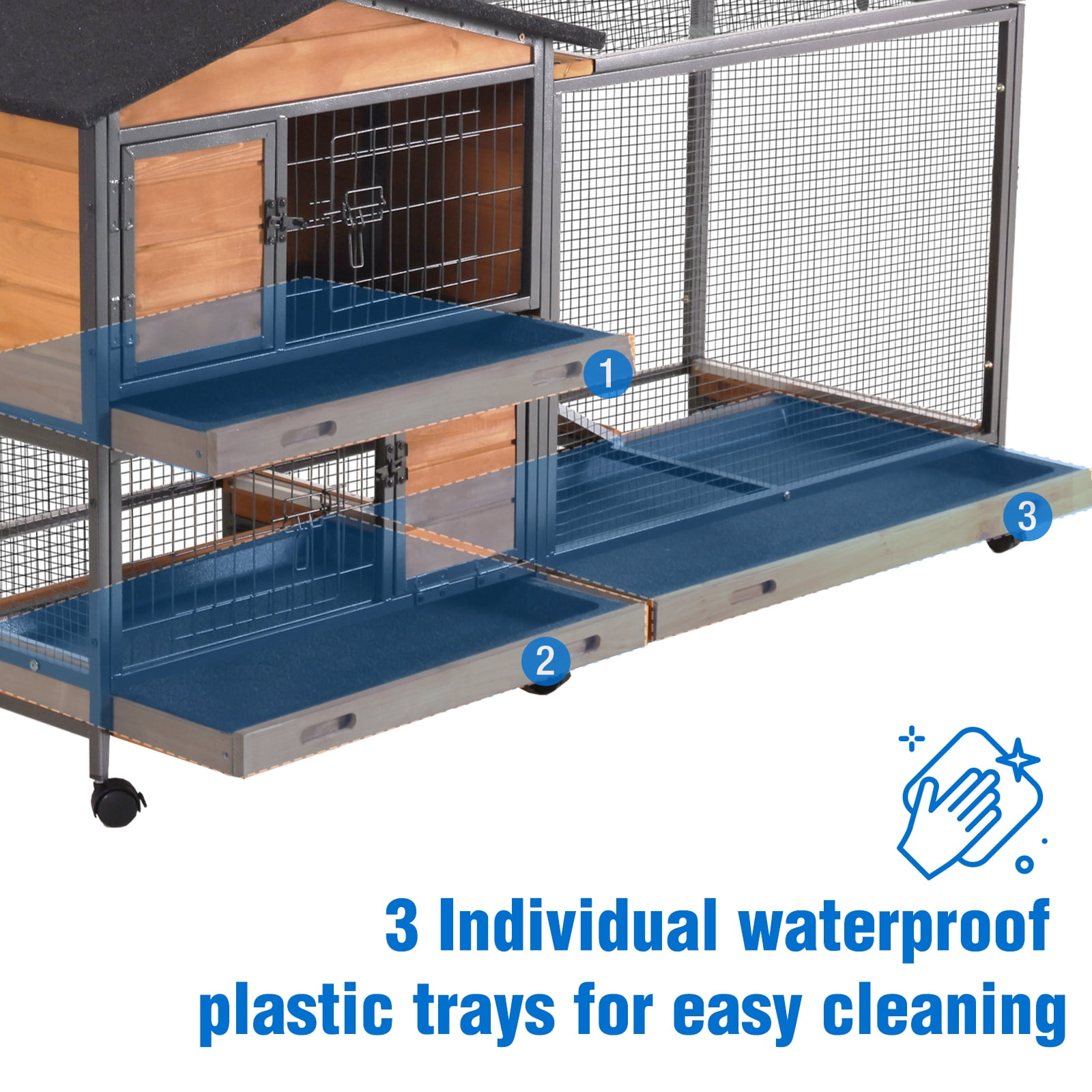 Suumerpety Rabbit Hutch on Wheels Indoor Rabbit Cage Outdoor Bunny Hutch with 3 Plastic Trays & Anti-Chew Ramp Metal Frame Guinea Pig Cage Natural
