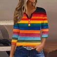 thumbnail image 2 of Dazajoo 3/4 Sleeve T Shirts for Women Plus Size Striped V Neck Tops 2024 Fall Womens Casual Colorblock Henley Shirts,Orange,S, 2 of 5