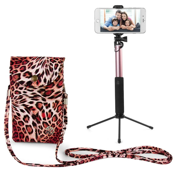 BUNDLE: Travel Crossbody Pouch (Pink Leopard) & Selfie Stick Mini Tripod 2.0 (Rose) - Vegan Leather Smartphone Bag with Removable Shoulder Strap