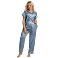 thumbnail image 6 of DAKIMOE Silk Satin Pajamas Set for Women Two-Piece Sleepwear Short Sleeve Pjs Soft Button Down Shirt and Wide Leg Long Pants with Pockets, 6 of 7