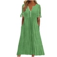thumbnail image 2 of CFLVAEK Eyelet Dress for Women 2025 Plus Size Short Sleeve Eyelet Tshirt Dress Casual Summer Beach Vacation Sundress Solid Color V Neck A Line Dress Green M, 2 of 6