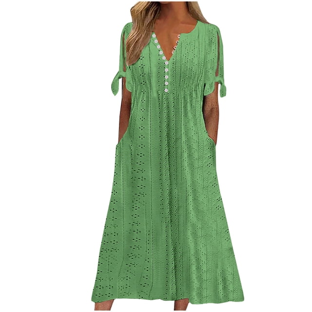 Kaemgyyd Robes de Printemps pour Femmes 2025 Décontractées Col en V Bouton Manches Courtes Robe Midi à Œillets Mignonne Robe de Plage Vacances