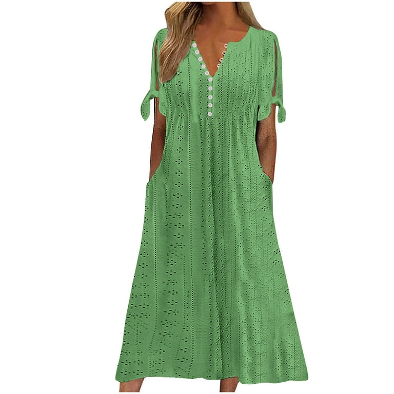 CFLVAEK Eyelet Dress for Women 2025 Plus Size Short Sleeve Eyelet Tshirt  Dress Casual Summer Beach Vacation Sundress Solid Color V Neck A Line Dress  Green M - Walmart.com