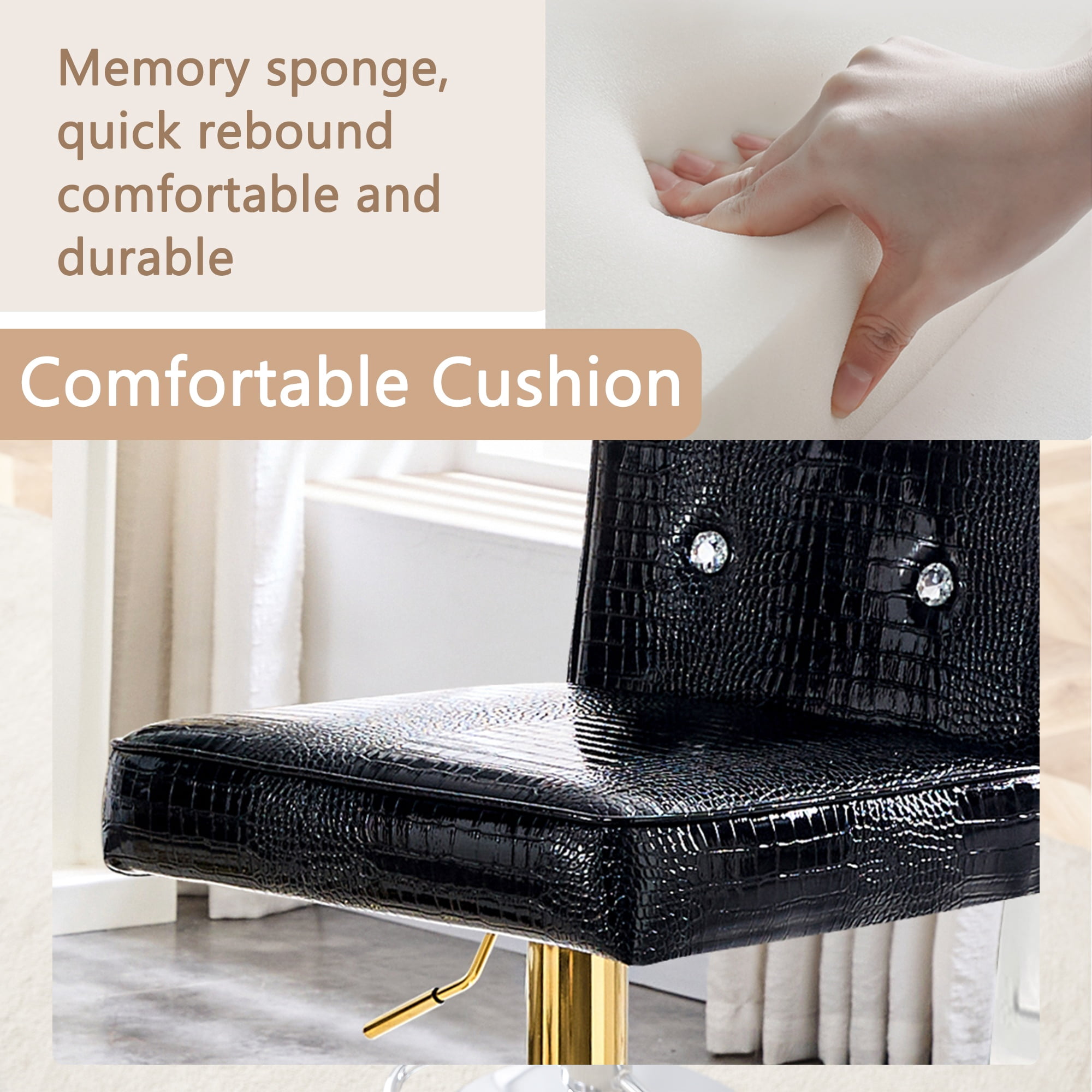 Alvantor Set of 2 Black Crocodile Faux Leather Bar Chairs with Crystal Accents