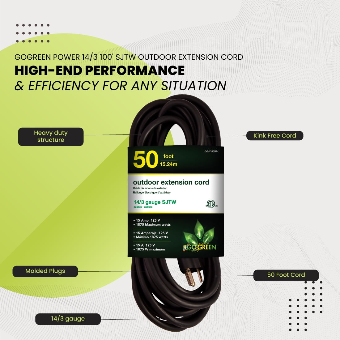 GoGreen Power 14/3 50' 13850BK Heavy-Duty Extension Cord, Black