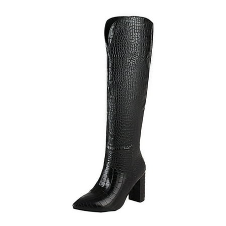 

Rdeuod Thigh High Boots Autumn and Winter Plus Size Women s Boots Thick High-Heeled Sleeve Snake Print Pointed Toe High Knee-Length Boots