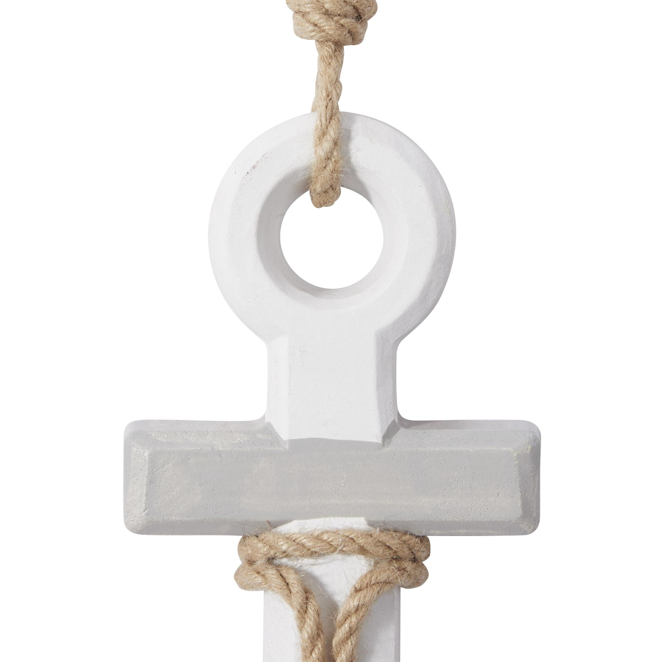 DecMode White Wooden Anchor Wall Decor with Hanging Rope