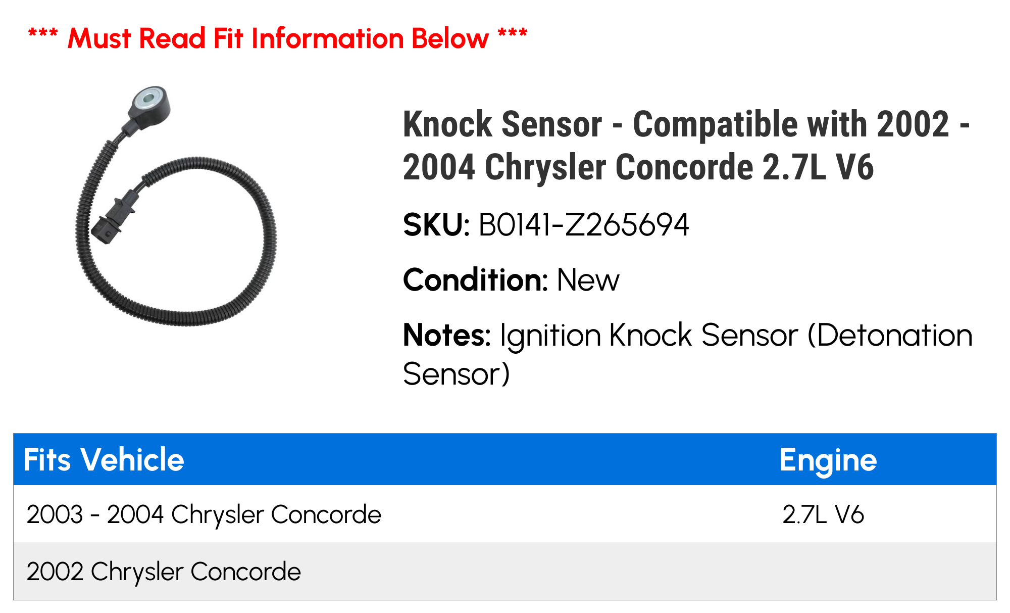 Knock Sensor - Compatible with 2002 - 2004 Chrysler Concorde 2.7L V6 2003