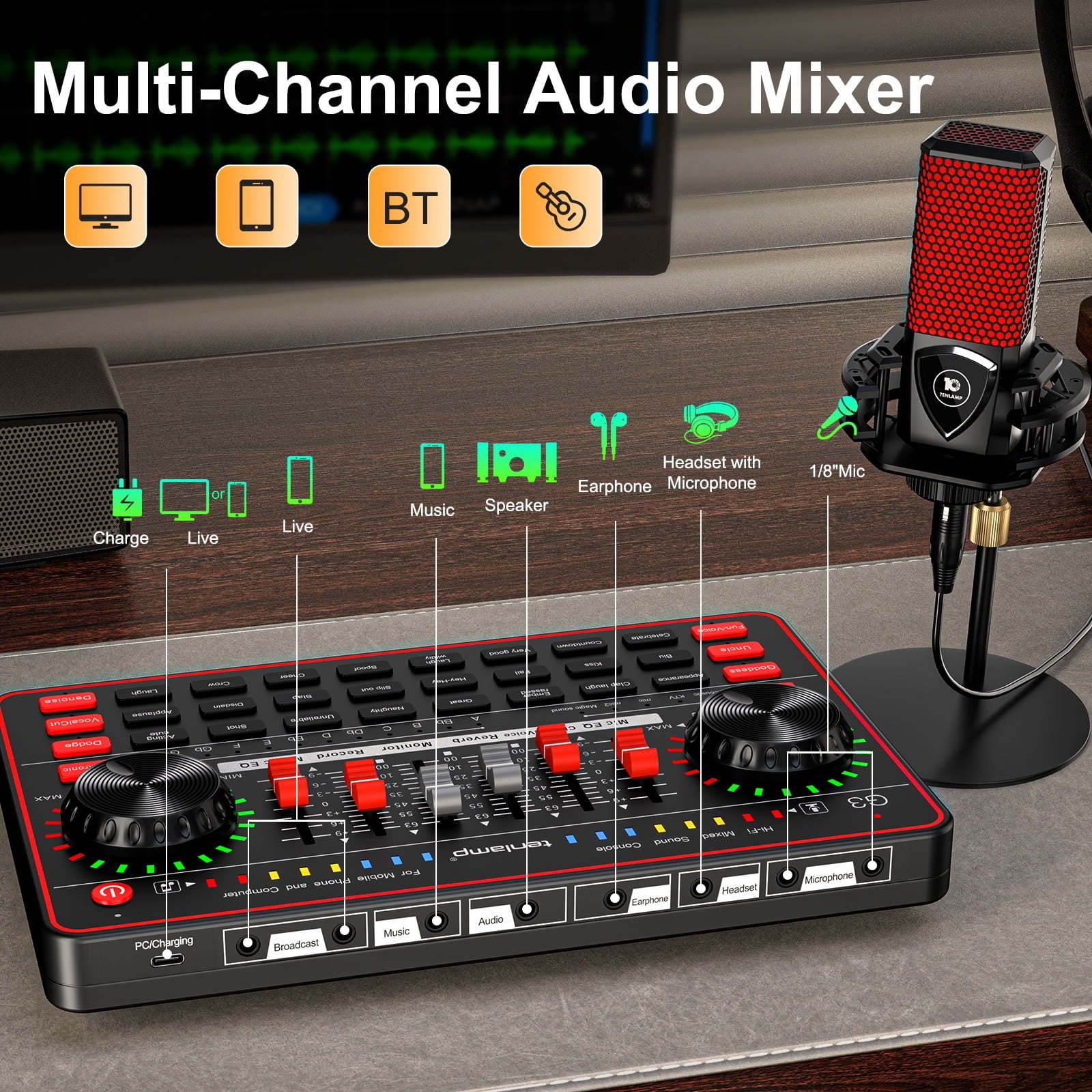 Tenlamp Pro High-Fidelity Microphone Set with G3 Live Sound Card, Black