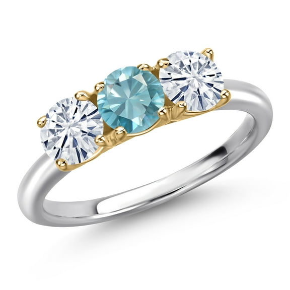 Gem Stone King 10K Two Tone Gold Blue Zircon and White Moissanite Engagement Ring for Women | 1.85 Cttw | Round 5MM | Gemstone Birthstone | Size 7